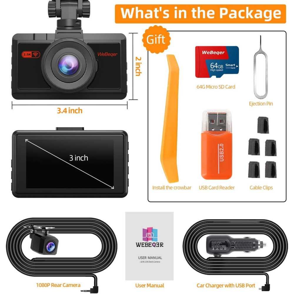 Dual Dash Cam with 2.5K Front and 1080P Rear Camera, WiFi Connectivity, and Advanced Safety Features