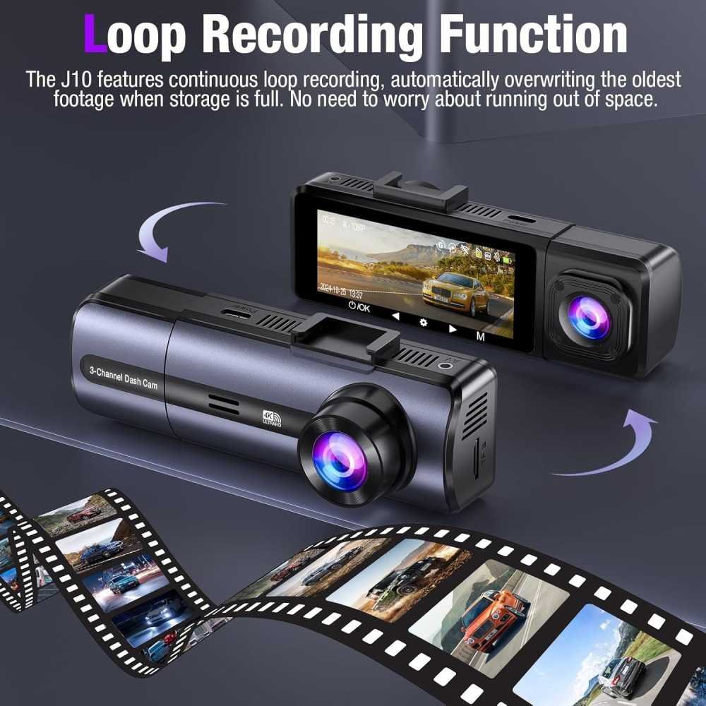 Triple Dash Cam with 4K Resolution, 24-Hour Monitoring, and Smart Control Features | TekChoice Electronics