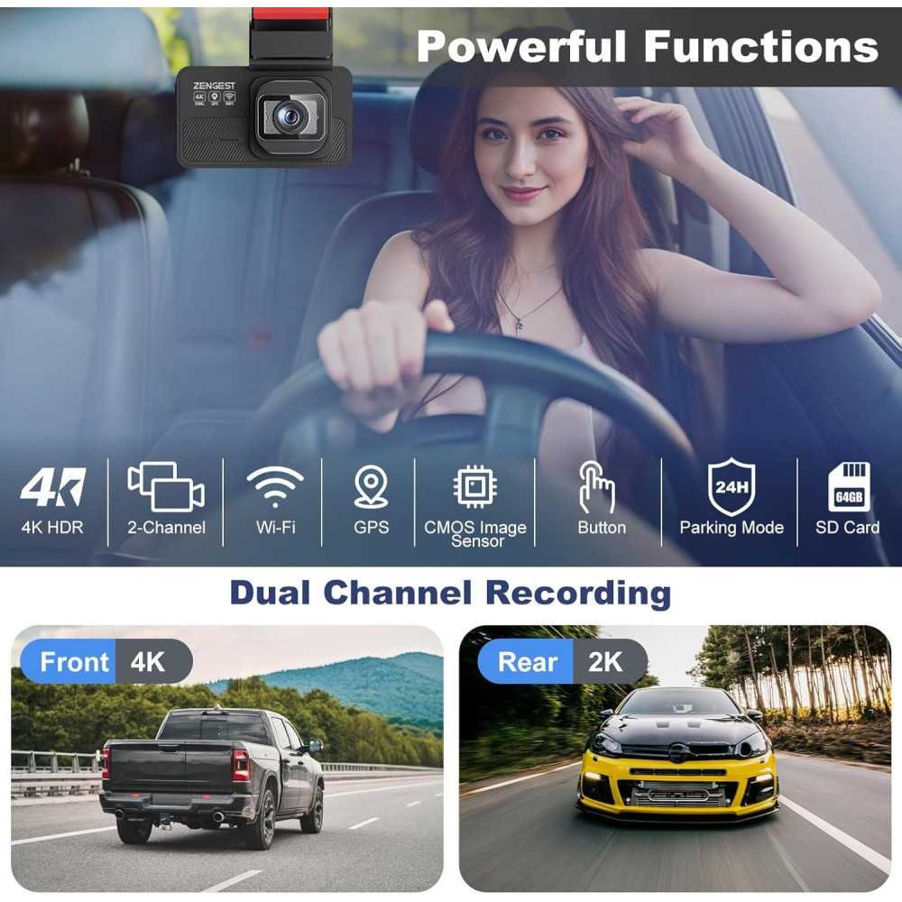 4K Dual Dash Cam with 5G Wi-Fi, GPS, Night Vision, and Parking Mode | TekChoice Electronics