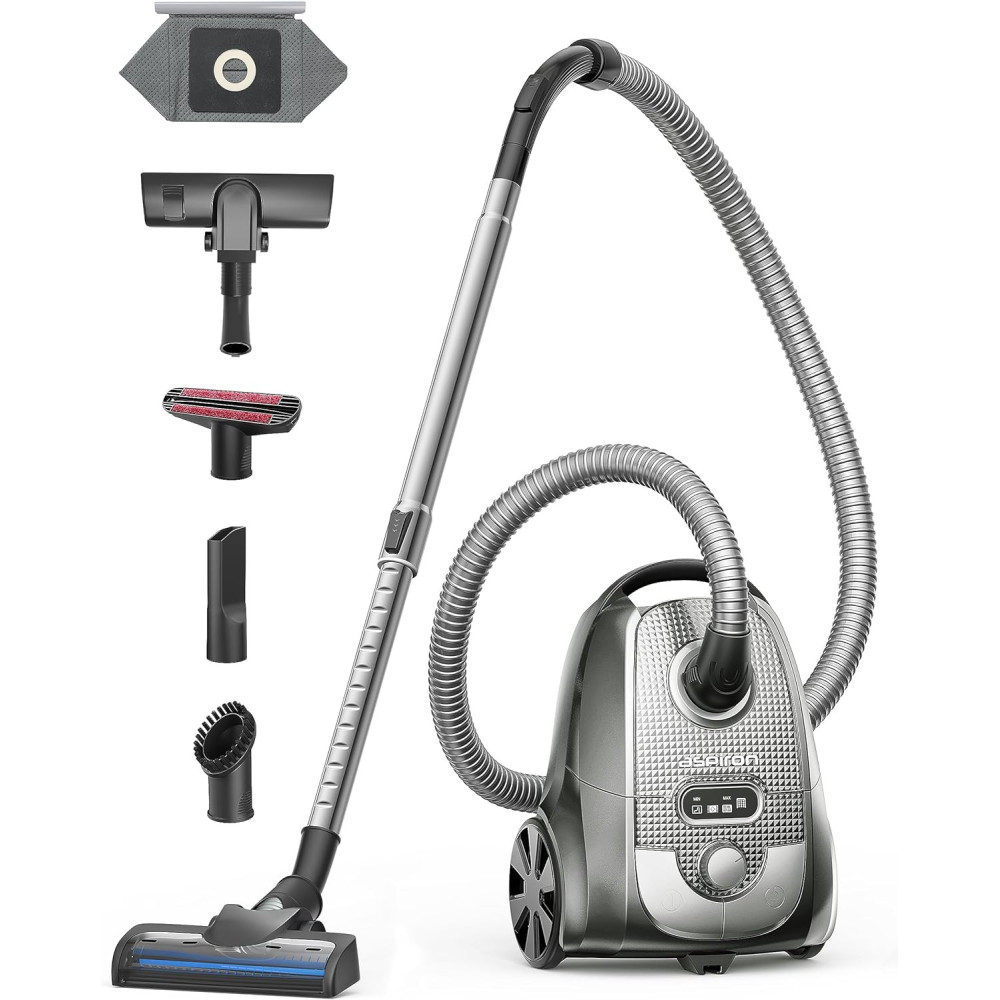 Aspiron Canister Vacuum Cleaner - Bagged, 1300W, Turbo Brush, 5 Tools, 3.7Qt, H13 HEPA Filter, Automatic Cord Rewind