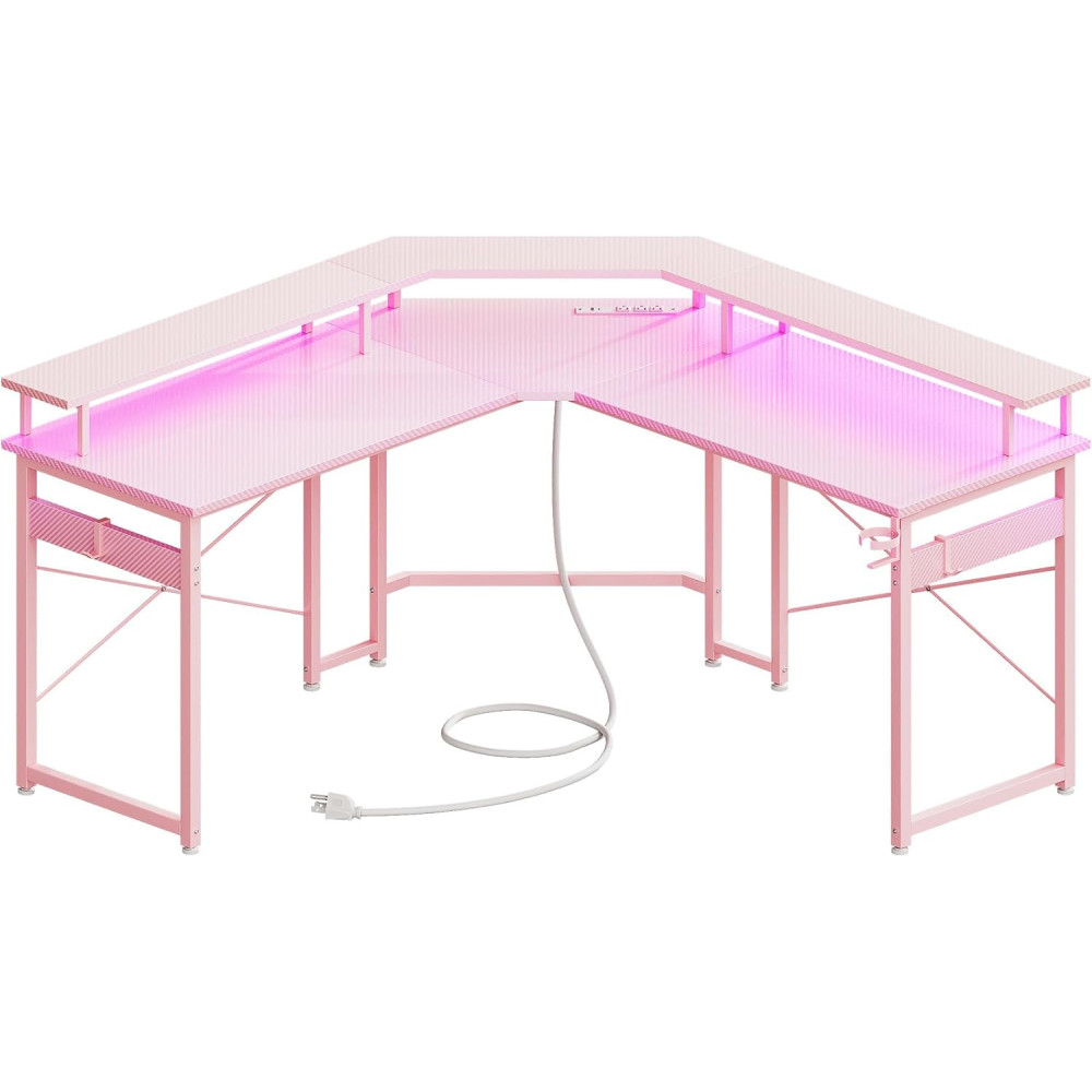 Odk L Shaped Gaming Desk Is Equipped w/ Led Lights and Power Outlets