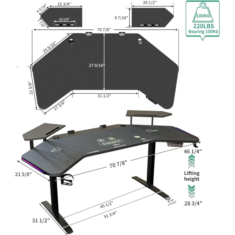 72 inch Wing Shaped Large Studio Music Desk equipped w/ Slot Design Shelves and Aluminum Alloy LED Lights