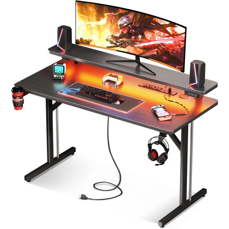 LED Gaming Desk w/ Built-In Power Outlets, USB Ports, and Stand