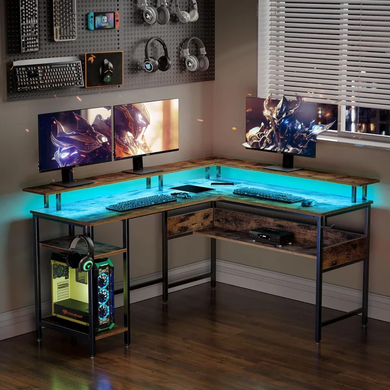 Computer Desk L Shaped featuring LED Lights and Power Outlets