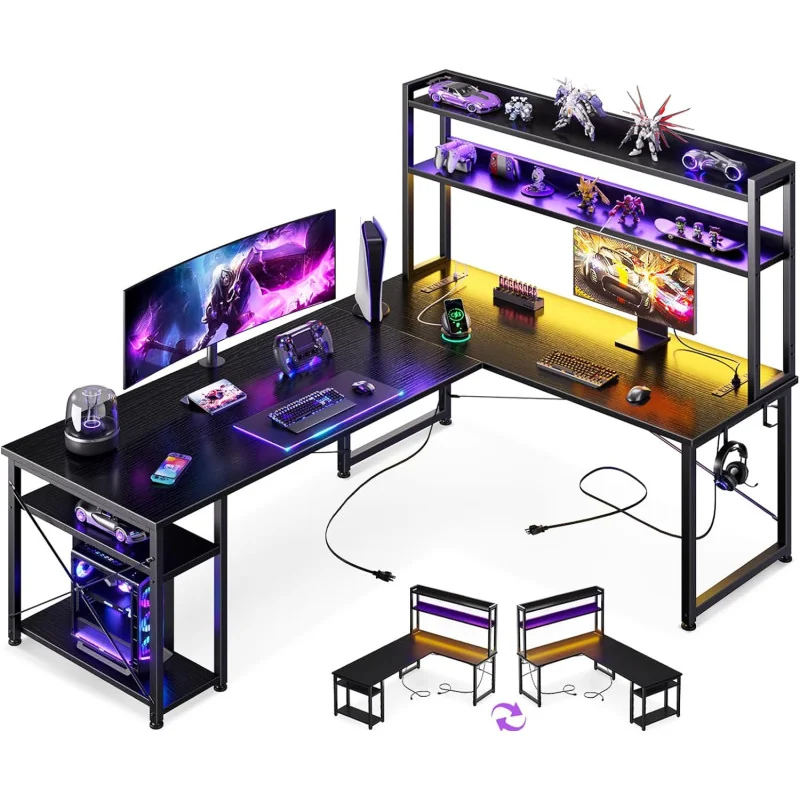 Odk L Shaped Gaming Desk Is Equipped w/ Led Lights and Power Outlets