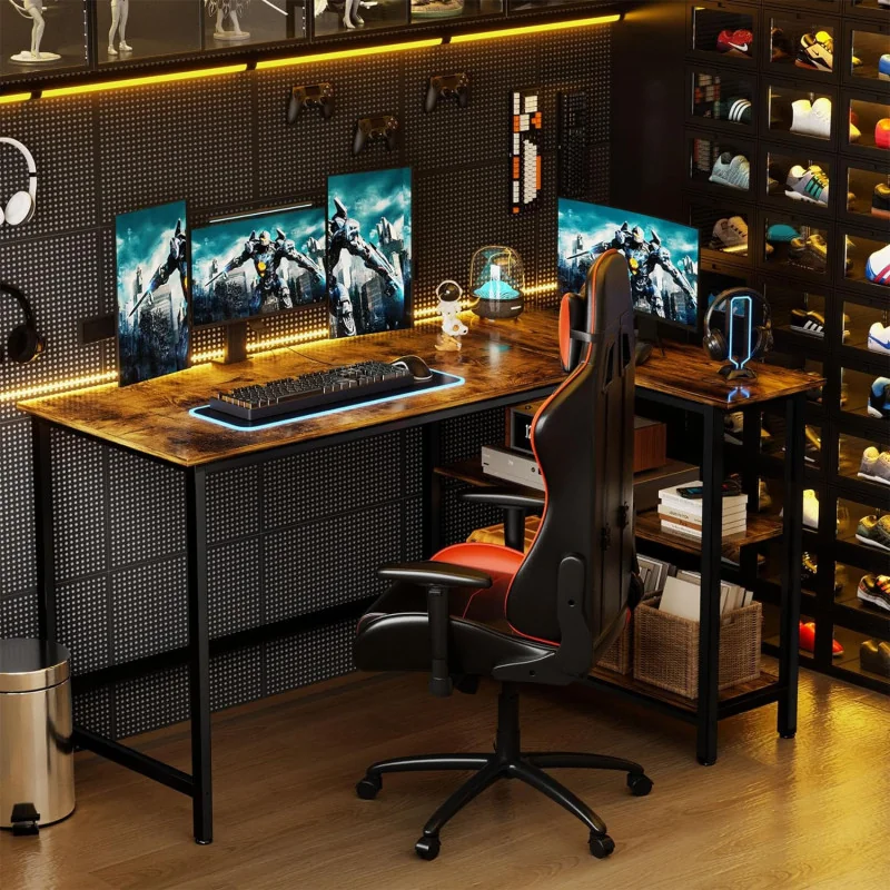 L-Shaped Home Office Desk w/ Shelf: Multi-functional Gaming Desk and Corner Table for Work