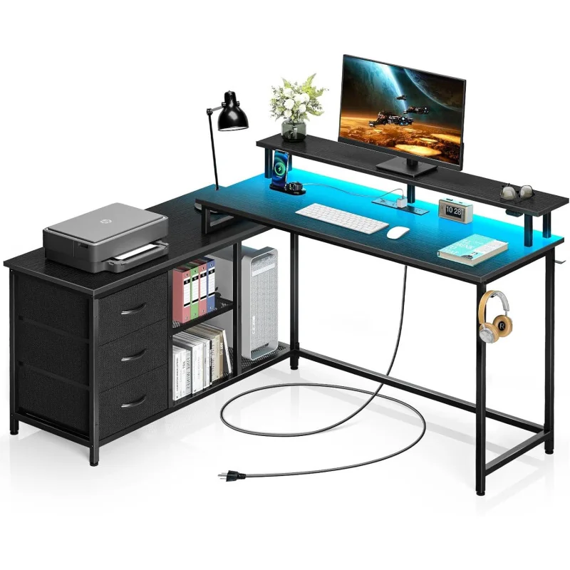 LED Gaming Desk w/ Built-In Power Outlets, USB Ports, and Stand