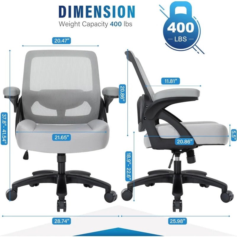 400lb Big and Tall Office Chair, Ergonomic Mesh Desk Chair w/ Flip Arms