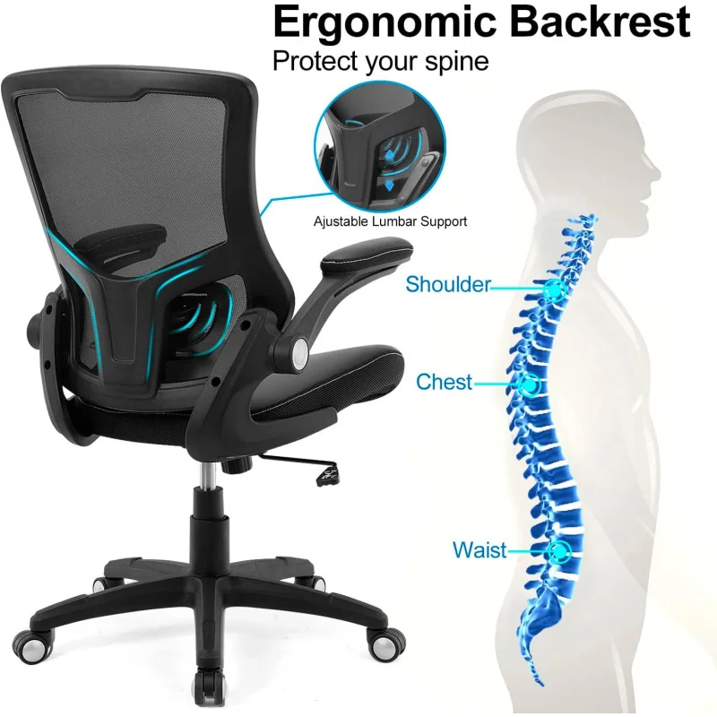 Swivel Executive Task Chair w/ Mesh Back, Adjustable Lumbar Support, and Flip-up Arms