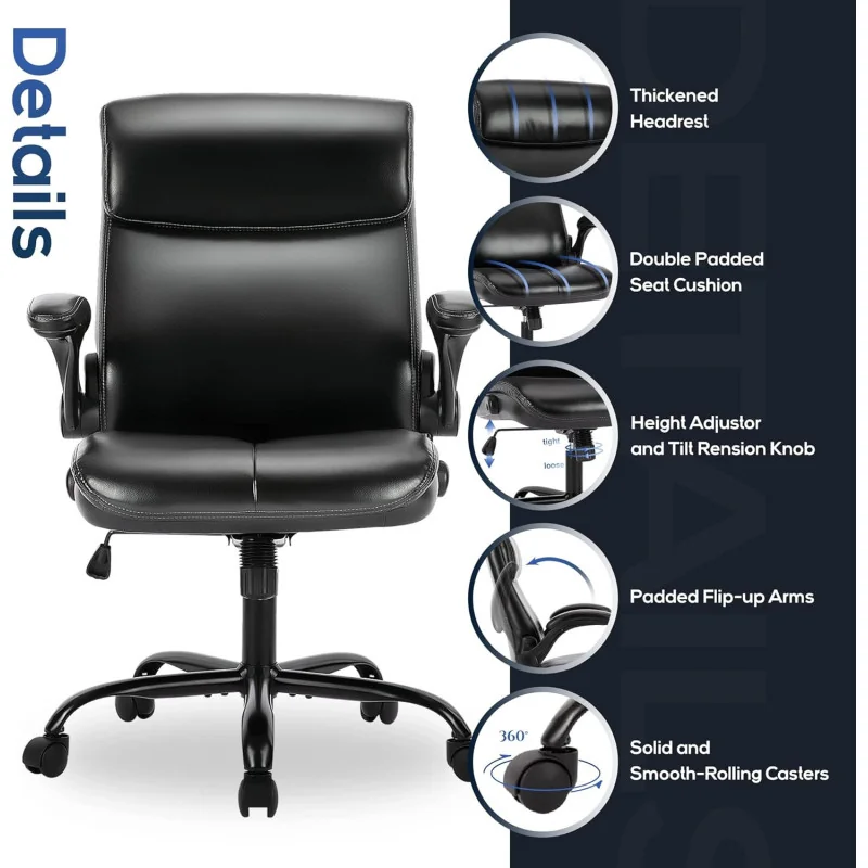 Ergonomic Home Computer Desk Leather Chair - w/ Padded Flip-up Arms, Adjustable Tilt Lock and Swivel Rolling