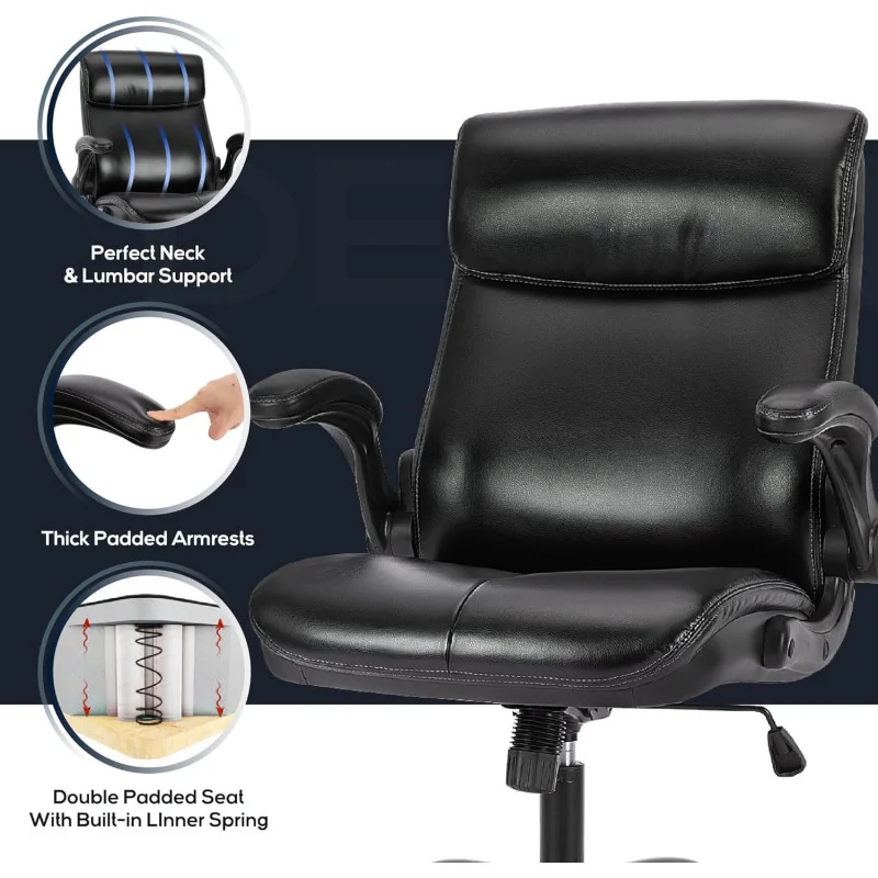 Ergonomic Home Computer Desk Leather Chair - w/ Padded Flip-up Arms, Adjustable Tilt Lock and Swivel Rolling