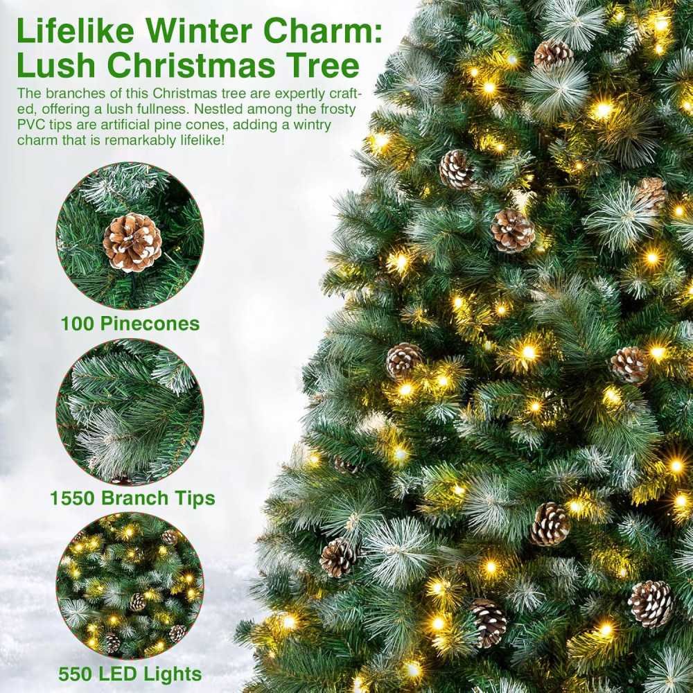 7.5ft Snowy Pre-lit Christmas Tree with 100 Pinecones and LED Lights | TekChoice Electronics