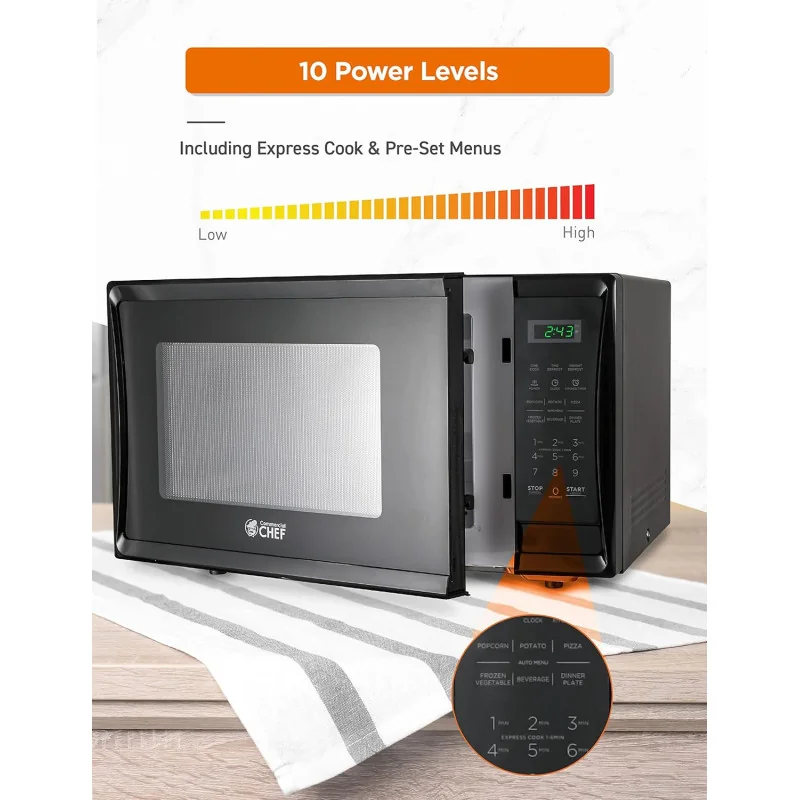 COMMERCIAL CHEF 1.1 Cu Ft Microwave w/ 10 Power Levels & Push Button Door Lock