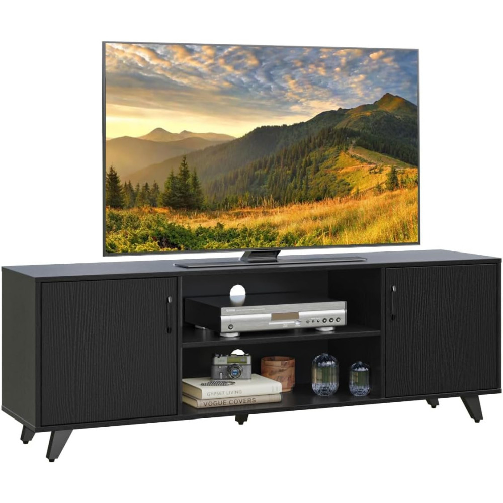 Modern Farmhouse TV Entertainment Center Stand w/ 2 Doors and Open Shelves - Suitable For TV's Ranging From 70 Inches